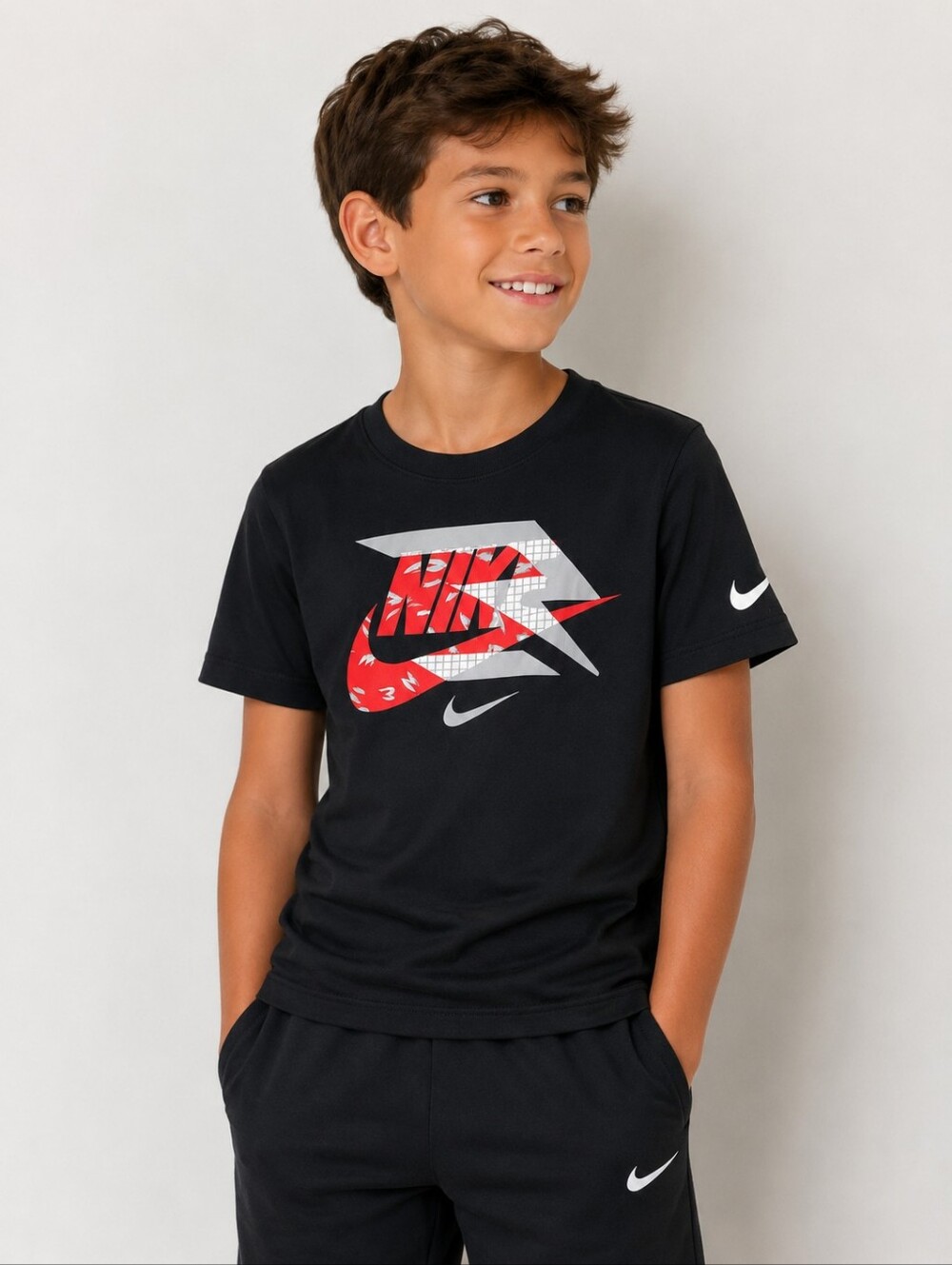 Nike Kids' Black Graphic Logo T-Shirt - Red Accent